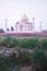 Taj Mahal symbol of hinduism religion. Non traditional photo of Taj Mahal. Morning sunrise. Summer time. Concept of traveling and