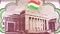 Tajikistan 20 rubles banknote, closeup macro bill fragment , Parliament building with National flag