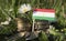 Tajikistan flag with stack of money coins with grass