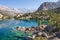Tajikistan. Turquoise water in Alaudin lake. Beautiful view on rocky of lake in Fann mountains
