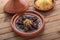 TAjine of beef with dates and almonds, copy space
