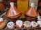 Tajine and Tangia pot at food stall in Medina of Marrakech, Morocco.