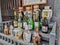 TAKAYAMA, JAPAN - MAY 2019: Variety of sake bottles outside a brewery shop