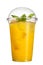 Take-away drink. Refreshing drink in a plastic cup. Pineapple juice with ice cubes and mint.