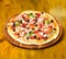 Take away food concept. Pizzeria restaurant. Italian pizza concept. Delicious hot pizza on wooden board plate. Food