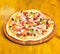 Take away food concept. Pizzeria restaurant. Italian pizza concept. Delicious hot pizza on wooden board plate. Food