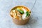 Take Away Healthy Organic Turkish Protein Bowl with Roasted Chicken Slices, Jasmine Rice, Cucumber, Chives, Green Peas, Carrot and