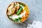 Take Away Healthy Organic Turkish Protein Bowl with Roasted Chicken Slices, Jasmine Rice, Cucumber, Chives, Green Peas, Carrot and