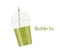 Take away matcha cup. Transparent plastic cup with spherical lid and straw and Matcha tea calligraphy lettering isolated