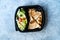 Take Away Veggie Italian Closed Calzone Pizza Slices with Salad in Plastic Container Box / Package