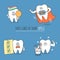 Take care of your smile. Tooth with bracket, milk, mirror, and check list. Cute and funny characters for your