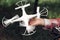 Take of drone flying form hand. Aeromodelling