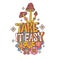 Take it easy - retro lettering wiht Abstract funny cute comic mushrooms and flowers. 60s, 70s, 80s Groovy isolated