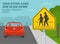 Take extra care and slow down, school crossing ahead. Red car is reaching the school zone.