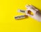 Take initiative symbol. Wooden blocks with words Take initiative. Businessman hand. Beautiful yellow background. Business and Take