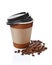 Take-out blank paper brown coffee cup with black cover, craft cup holder and beans