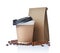 Take-out blank paper coffee cup with black cover, craft cup holder, beans and brown packet