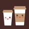 Take-out coffee in Paper thermo coffee cup with brown cap and cup holder. Kawaii cute face with eyes and smile on dark brown