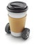 Take-out coffee in thermo cup on car wheels