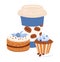 Takeaway Coffee Cup with cupcake and blueberry pie, Blue beige palette