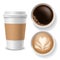 Takeaway coffee cups. Top view beverages in paper white, brown coffee cup with cappuccino americano espresso latte