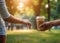 Takeaway coffee in a disposable paper cup is passed from hand to hand. An invitation to a date in a coffee shop