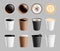 Takeaway coffee mockup. Plastic paper cup for liquid and drink to go. Espresso latte cappuccino mug, breakfast beverages
