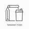 Takeaway food flat line icon. Vector outline illustration of drink cup and paper bag. Black thin linear pictogram for