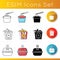 Takeaway food icons set. Chinese noodles pack with chopsticks, bucket of chicken wings, burger box. Takeout fastfood