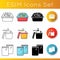 Takeaway food packages icons set. Lunchbox with salad, hot soup plastic container, reusable zip bag. Disposable packs