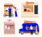 Takeaway food service, set of Chinese food, pizzeria, coffee shop, fast food van