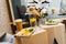 Takeaway sushi placed on small wooden tables during lunchtime