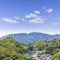 Takeo city with blue sky, skyline top view from Mifuneyama Rakuen in Saga Prefecture, Kashima, Kyushu Japan