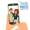 Taking Photo On Smartphone Vector. Smiling Friends Taking Selfie. People Posing. Hand Holding Smartphone. Friendship