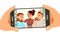 Taking Photo On Smartphone Vector. Smiling People. Modern Friends Taking Horizontal Selfie. Hand Holding Smartphone