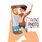 Taking Photo On Smartphone Vector. Smiling People. Modern Friends Taking Vertical Selfie. Hand Holding Smartphone