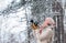 Taking picture in winter forest. Photographer photographing on snowy winter day. happy woman warm clothes fashion