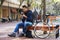 Taking a quick break. a handsome young bike-traveler.