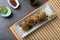 Takoyaki sushi roll flat lay view