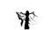 Talanted exotic belly dancer woman go on dance, uses wings, on white, slow motion, silhouette