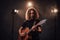 Talanted hispanic musician playing guitar in stage lights