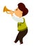 Talanted little child plays on small golden trumpet