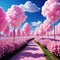 A tale landscape full of and cotton candy creates a whimsical and fantastical