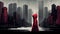 Tale of modern little red riding hood in a city with buildings in rainy weather. Generate Ai