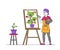 Talented Artist Woman in Apron with Paints Palette and Brush in Hands Stand in Front of Easel Canvas Painting Flower