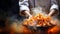Talented chef preparing tiger prawn on modern kitchen with defocused background and text space