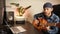 Talented creative musician singing song and playing guitar. Guitarist plays chords on guitar string, performs music composition. C