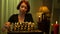 Talented female chess player moving figures practicing game strategy putting chin on hands and looking at camera