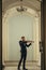 Talented professional violinist play in the hall