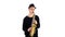 Talented saxophonist performs solo on saxophone. White background in studio